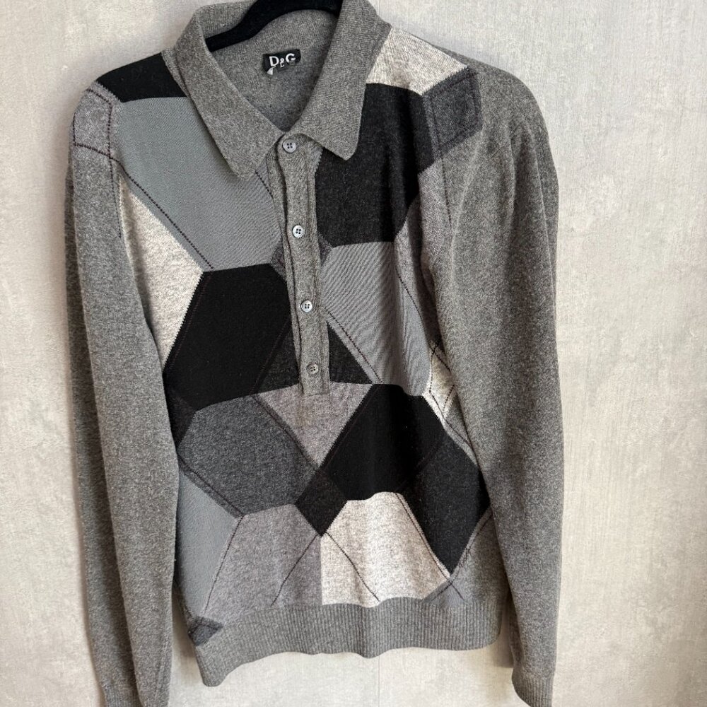 D&G Dolce & Gabbana Men's Wool Sweater – Argyle Patchwork Design – Size L